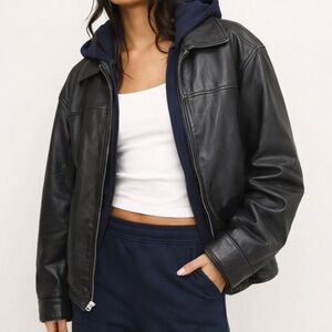 Leather Bomber 90s/Y2K Boyfriend oversize fit Black Soft BikerJacket Soft Sz M